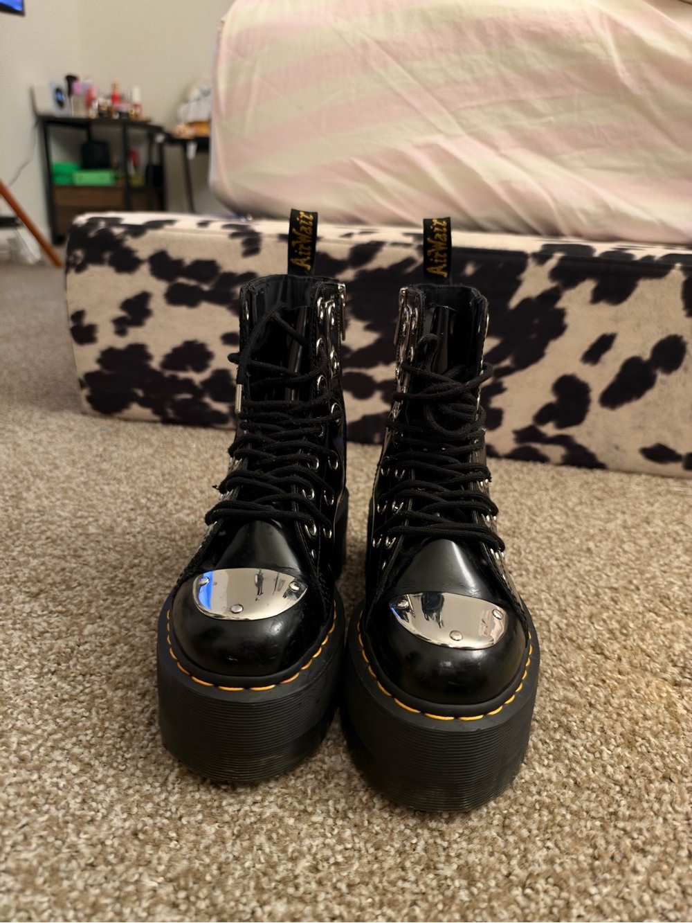 Dr. Martens Black Patent Leather Platform Boots with Silver Toe Caps. Jaddon max